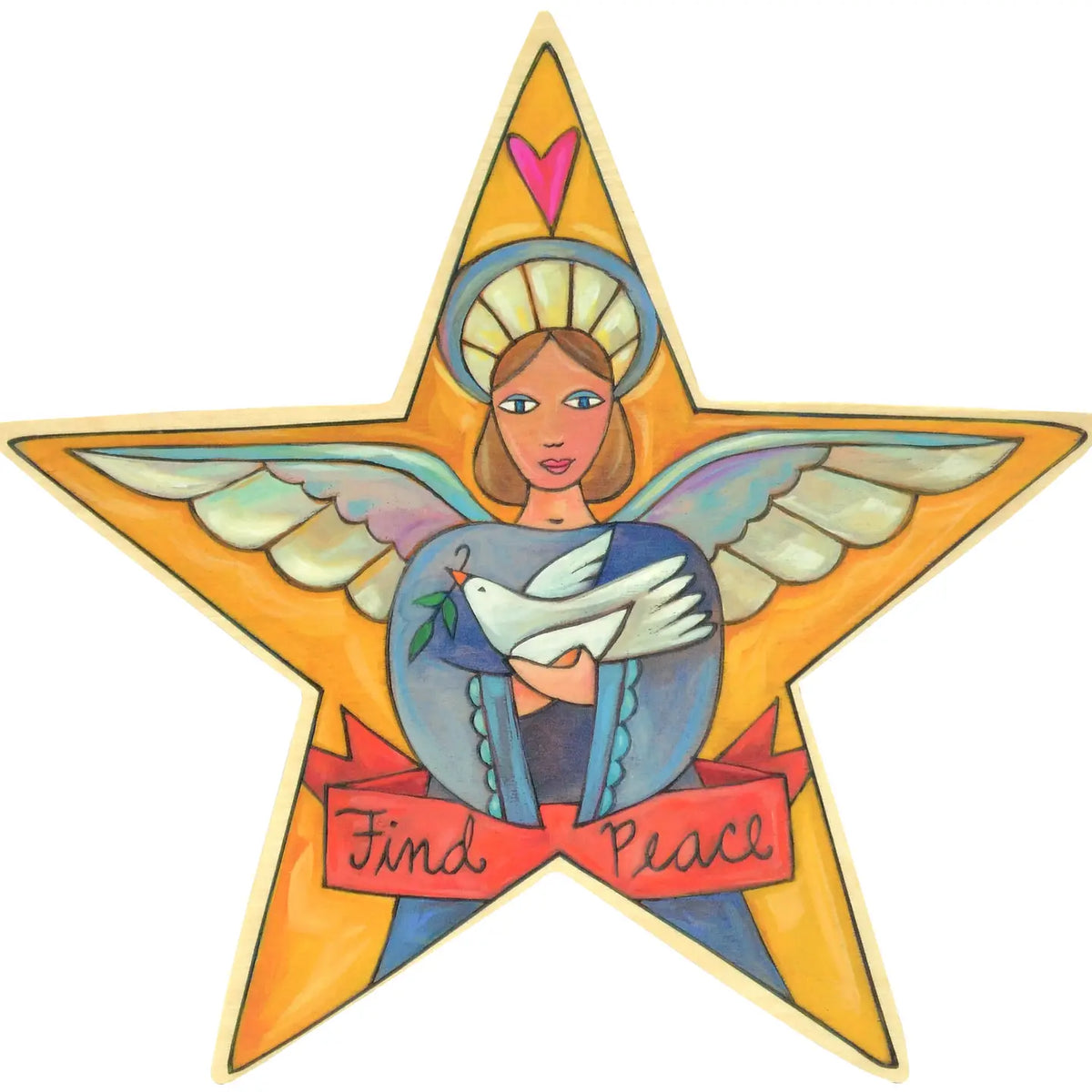 Star-shaped angel with a dove and 'Find Peace' text on a white background