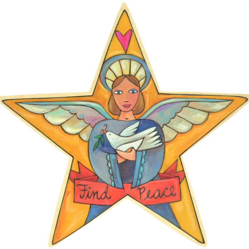 Star-shaped angel with a dove and 'Find Peace' text on a white background