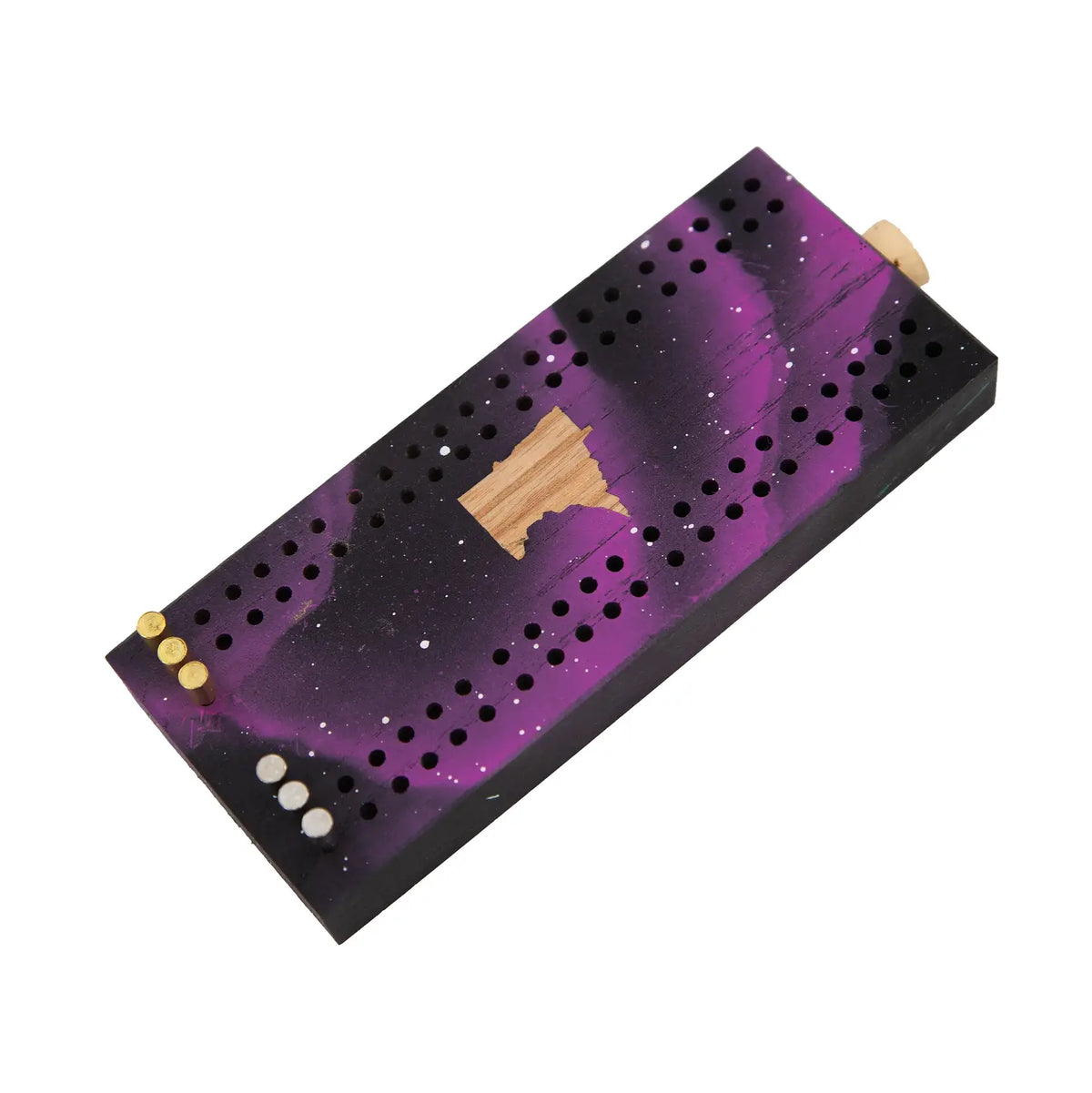 Cribbage board with purple galaxy design and Minnesota silhouette on a white background