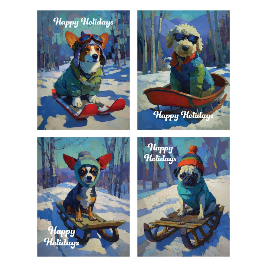 Four winter-themed greeting cards with dogs on sleds and 'Happy Holidays' text.