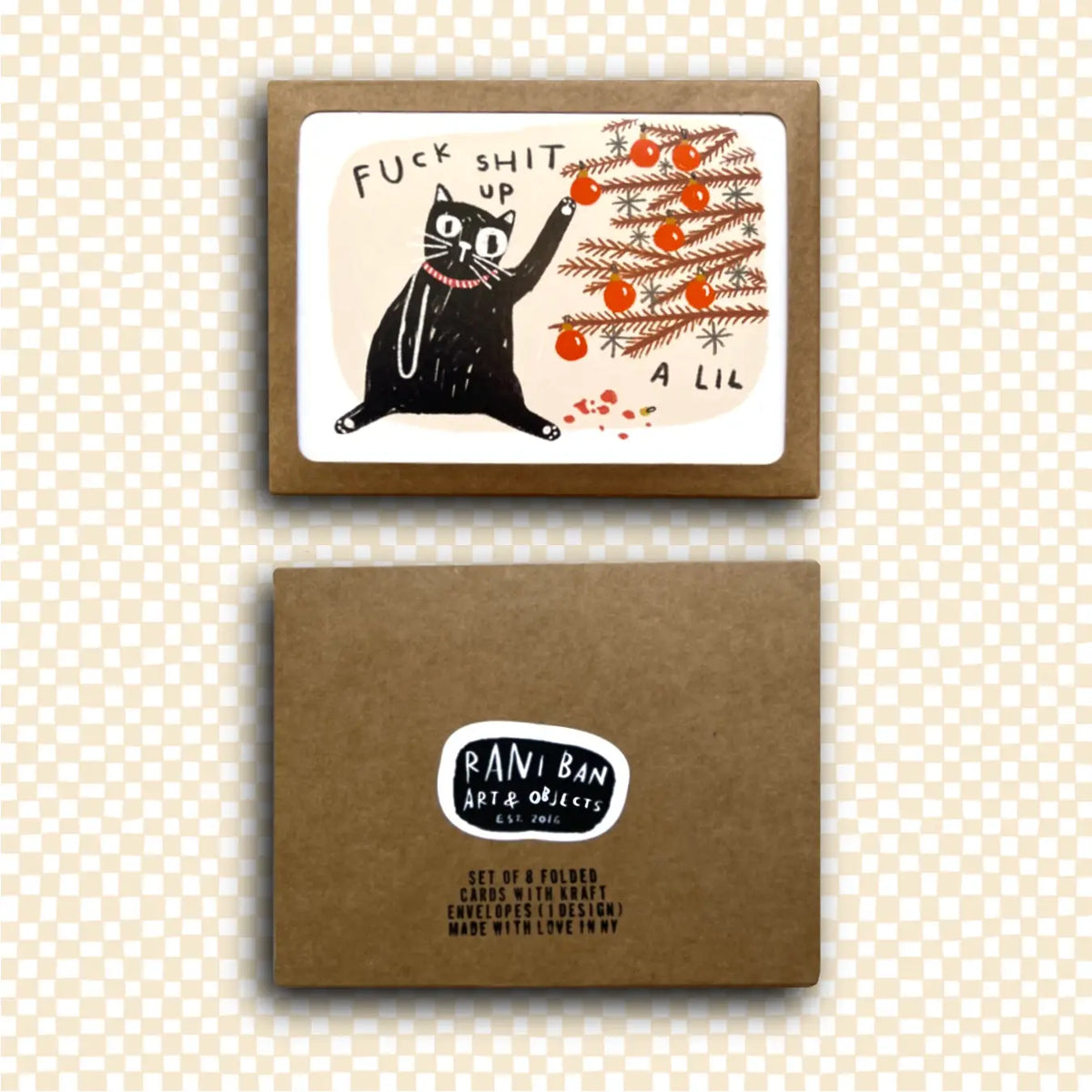 Card with a cat illustration and text on a brown card, featuring the brand 'Pani Ban Art & Office'.