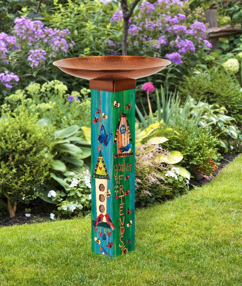 Teal & Greens Art Pole with Copper Bowl and Birding themed folk art artwork by Stephanie Burgess placed in a garden