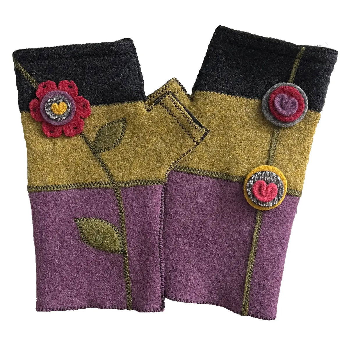 Pair of felted fingerless gloves with floral and heart designs on a white background