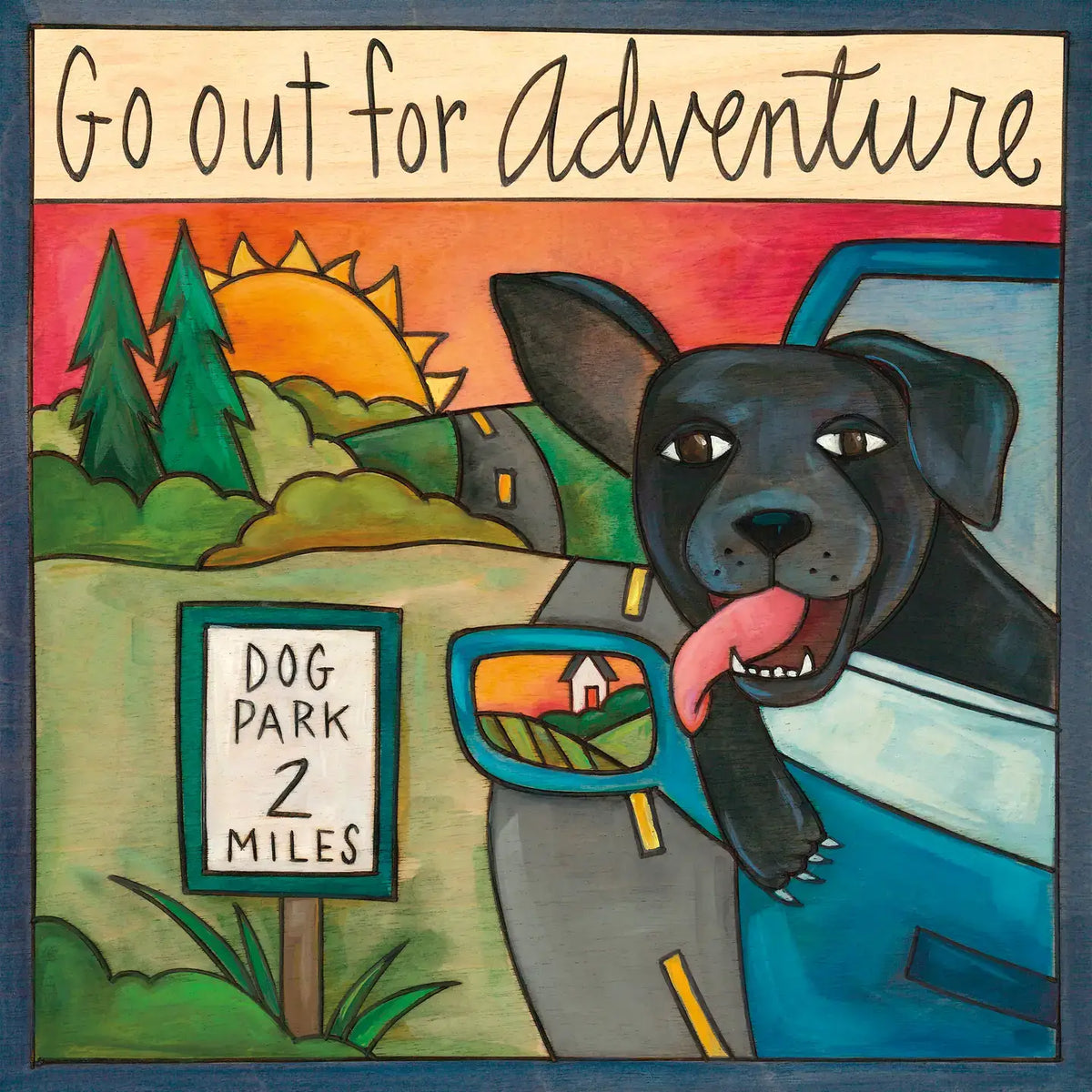 Illustration of a dog in a car with 'Go out for adventure' text and a dog park sign.