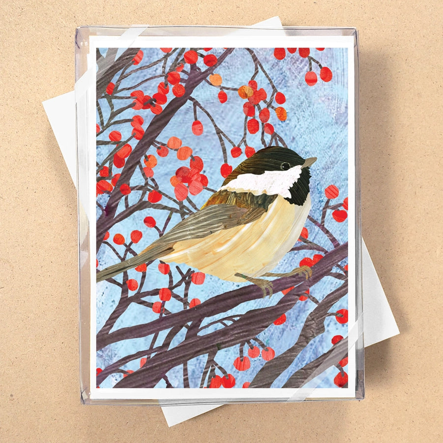 Card with a bird illustration on a branch with red berries