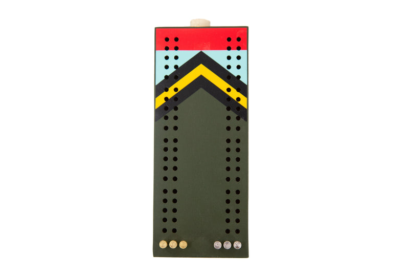 Cribbage board with colorful pegs on a white background