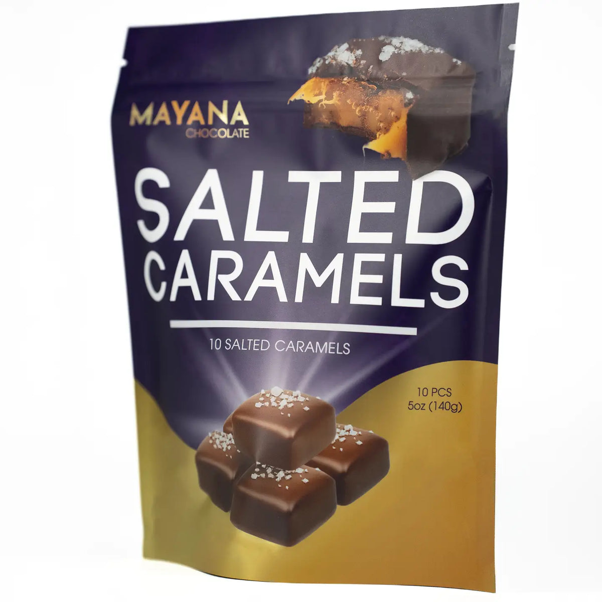 Packaging of Mayana Salted Caramels on a white background