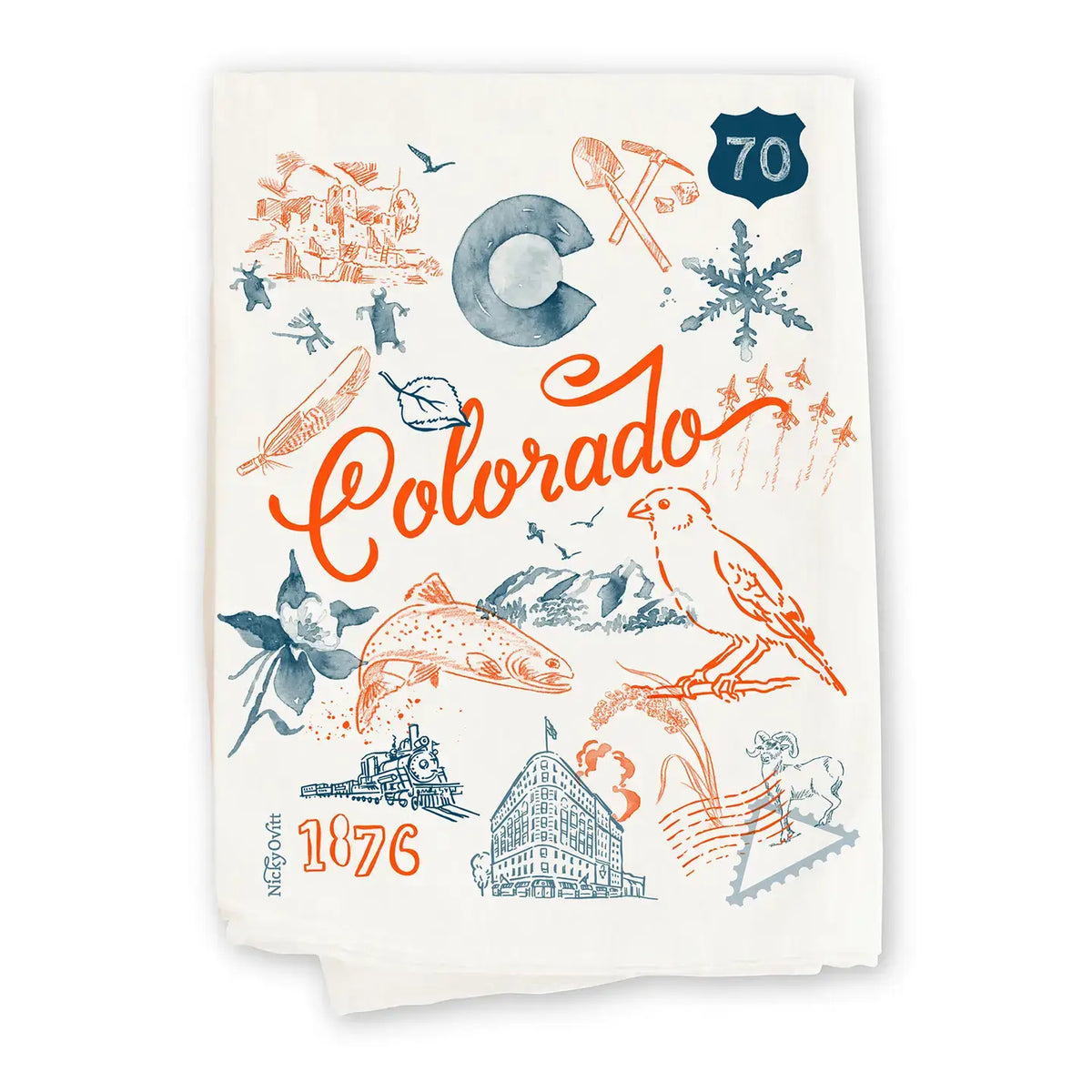 An off-white cotton tea towel featuring a colorful Colorado-themed graphic print with orange and slate blue illustrations, including the word 'Colorado', a mountain, a bird, and '1876'.