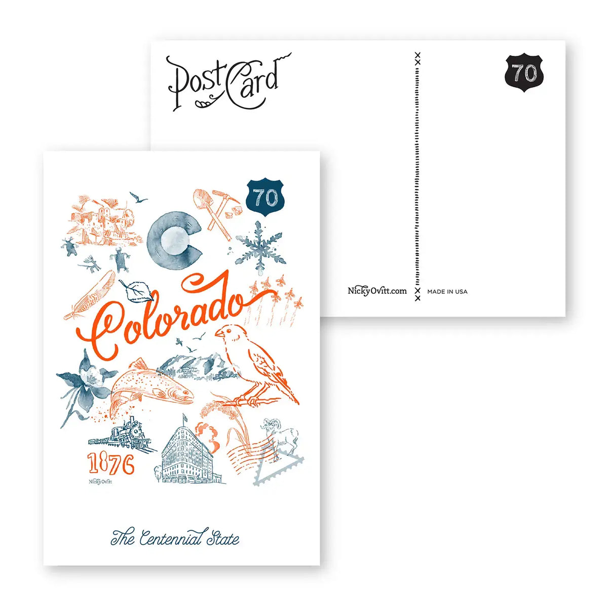 A Colorado postcard set shown front and back on a white background. The front features illustrated landmarks, a bird, and the word 'Colorado' in orange script, with Route 60 and '1876' details.