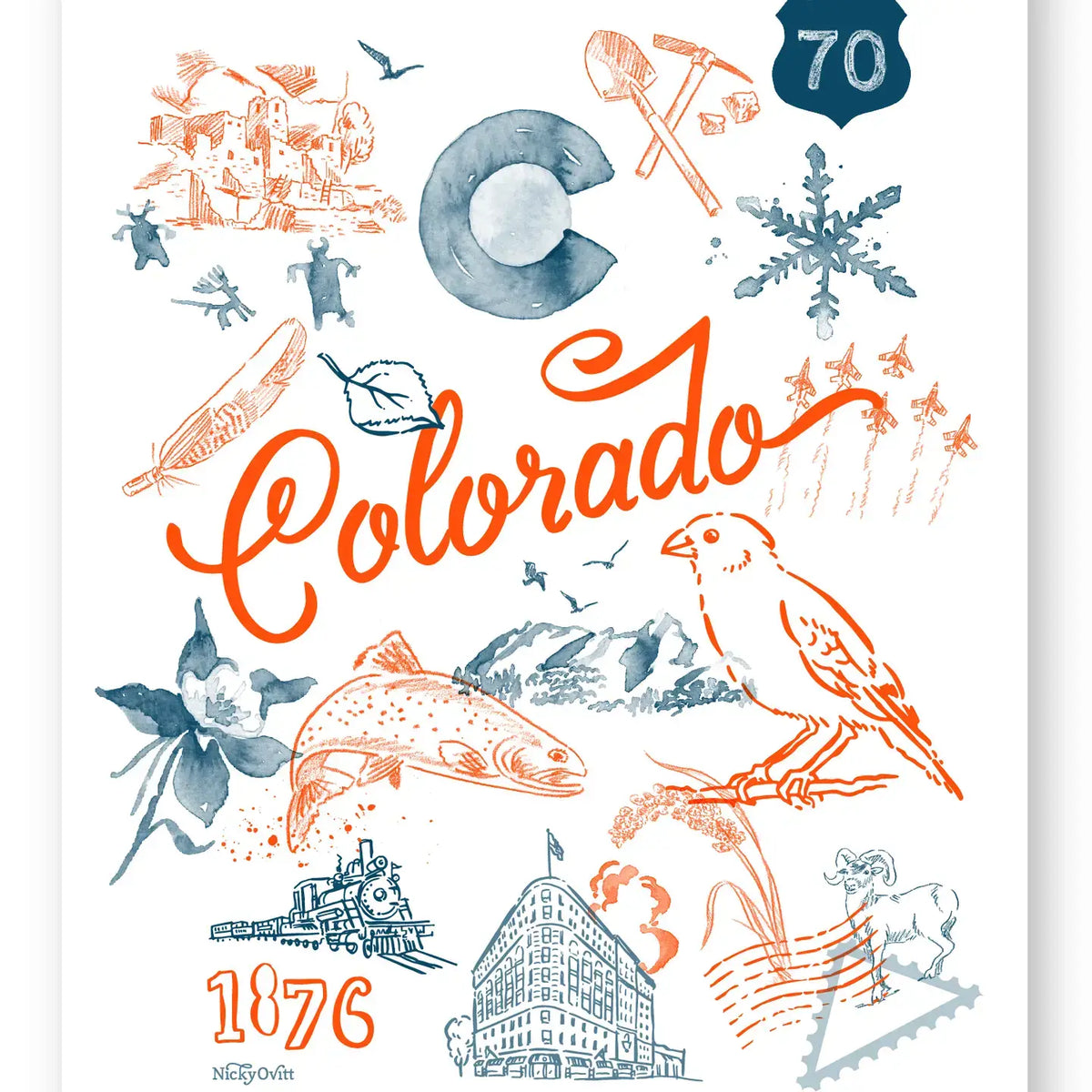 A Colorado-themed art print featuring hand-drawn illustrations in orange and slate blue on a white background, including the word 'Colorado' in script, a large 'C' shape, a snowflake, a bird, a fish, a train, a building, and Route 60 shields.
