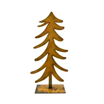 A minimalist metal tree sculpture in a warm rusted gold finish, standing on a square base against a plain white background.