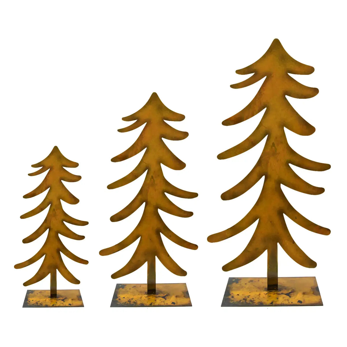 Three metal Christmas tree ornaments in graduated sizes with a rustic, distressed gold finish, displayed against a solid white background.