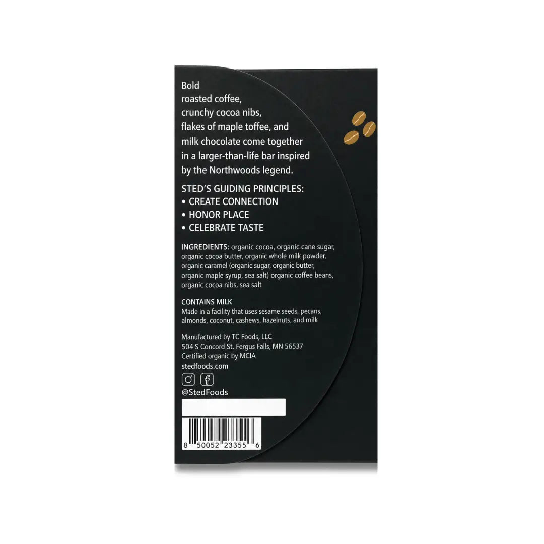 The back of a Sted's Coffee bar packaging, showing product details, ingredients, and a barcode on a black background.
