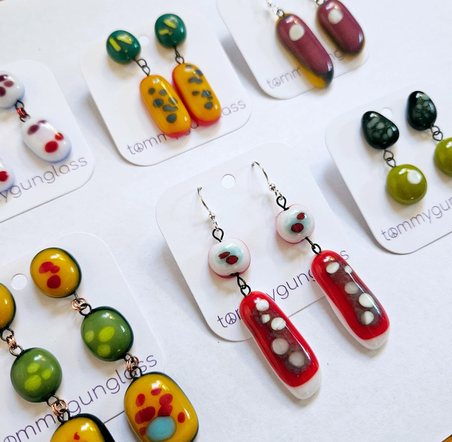 colorful dangle earrings made of glass
