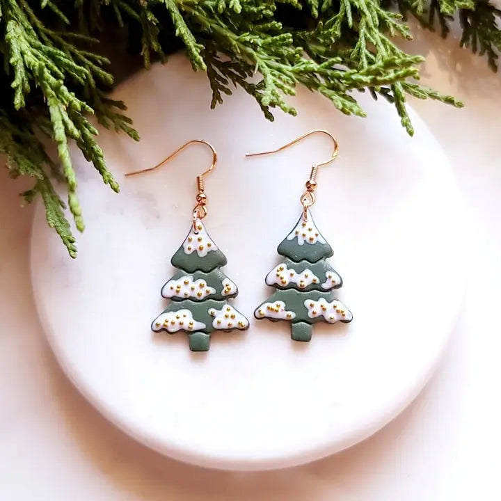 Christmas Tree with Gold Clay Dangle Earrings