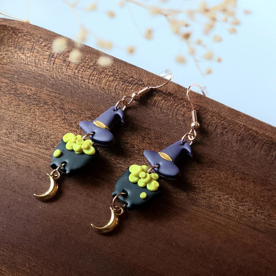 Spooky Witch's Bubbling Cauldron Dangle Earrings