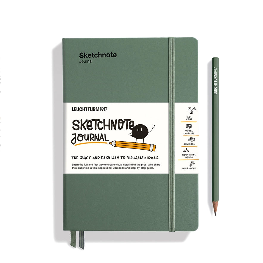 Green sketchnote journal with pencil on a white background