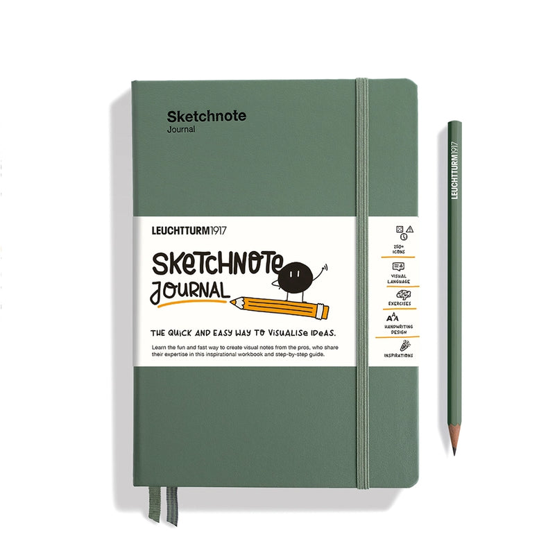 Green sketchnote journal with pencil on a white background