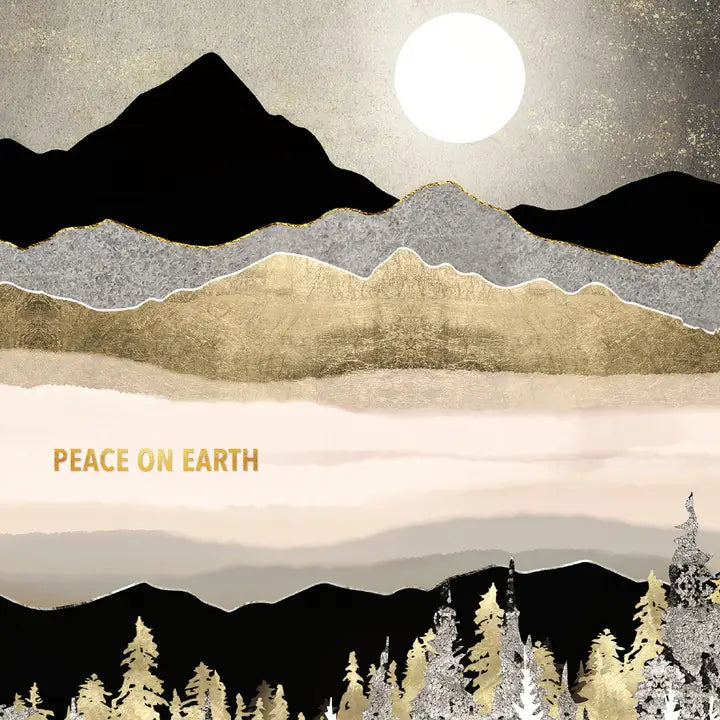 Mountain landscape with 'Peace on Earth' text under a full moon.