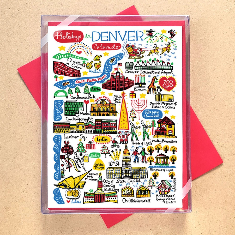 Greeting card with illustrations of Denver landmarks on a beige background