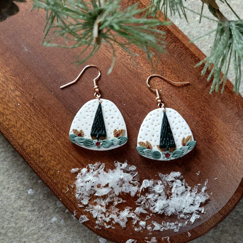 Whimsical Holly Christmas Tree Dangle Earrings