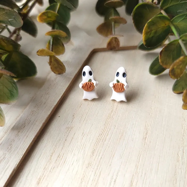 Ghost Holding Pumpkin Stud Earrings