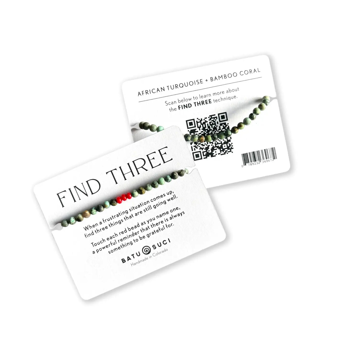 A beaded bracelet displayed on two white product cards with printed text, QR codes, and barcodes, photographed on a clean white background.