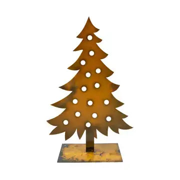 A metal Christmas tree sculpture with a warm rusted bronze finish, featuring circular cutouts in the branches and a square base, shown against a plain white background.
