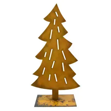 A metal laser-cut Christmas tree sculpture in a rusted copper-brown finish, mounted on a square base against a plain white background.
