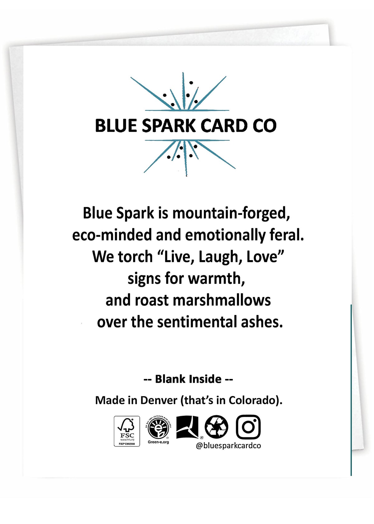A printed card or insert from Blue Spark Card Co with a centered logo and block of descriptive text on a white background, with a second card partially visible behind it.