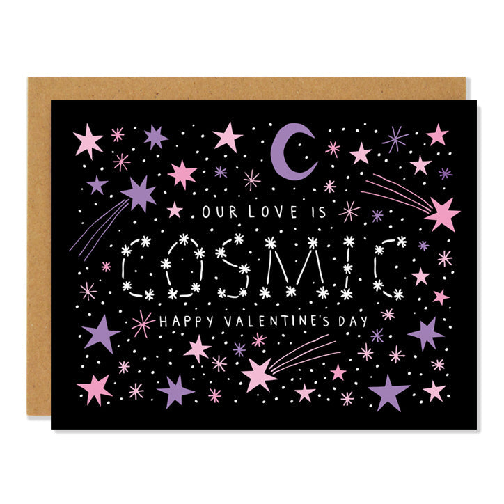 WOB product photo of greeting card with a black sky, pink, purple, and white stars reads "our love is cosmic happy valentines day"