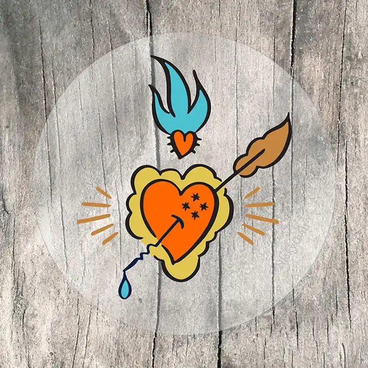 A stylized graphic of a yellow cloud-shaped heart with an orange center, pierced by a brown arrow, with a blue flame and blue teardrop above it, set on a gray wood-textured background with a faded white circle behind it.