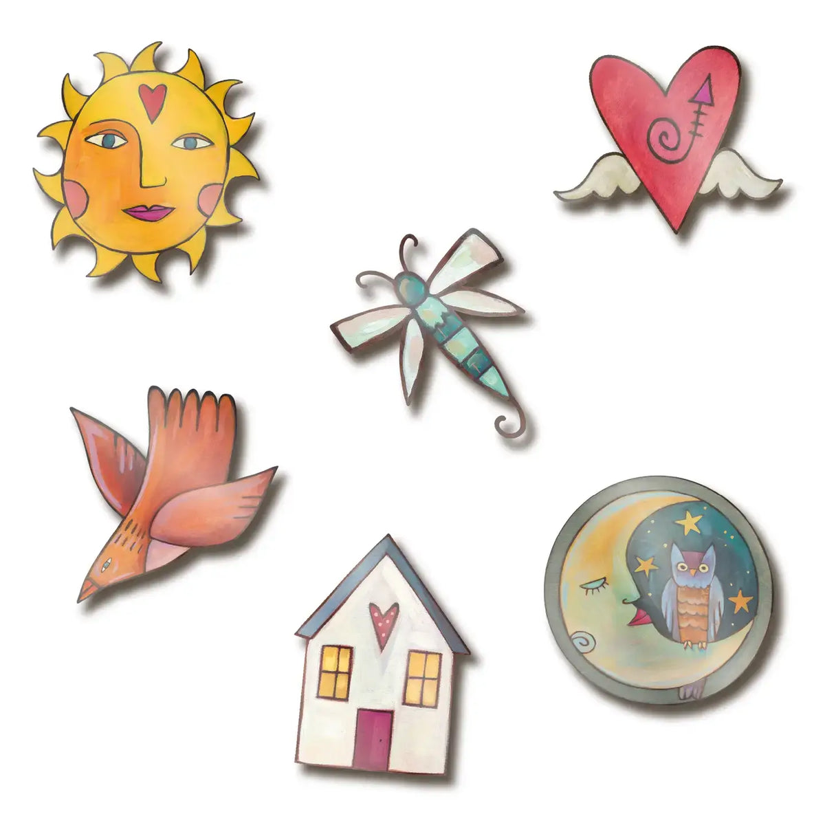 Set of colorful decorative magnets shaped like a sun, heart, dragonfly, owl, house, and moon on a white background.
