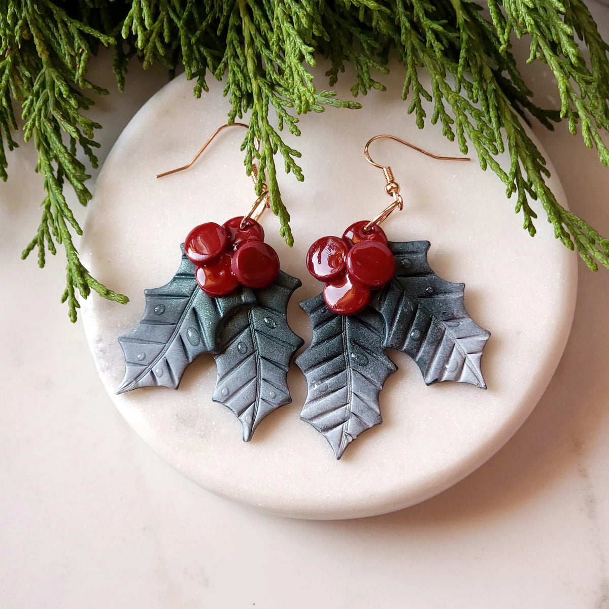 Frosted Holly Leaf Christmas Earrings