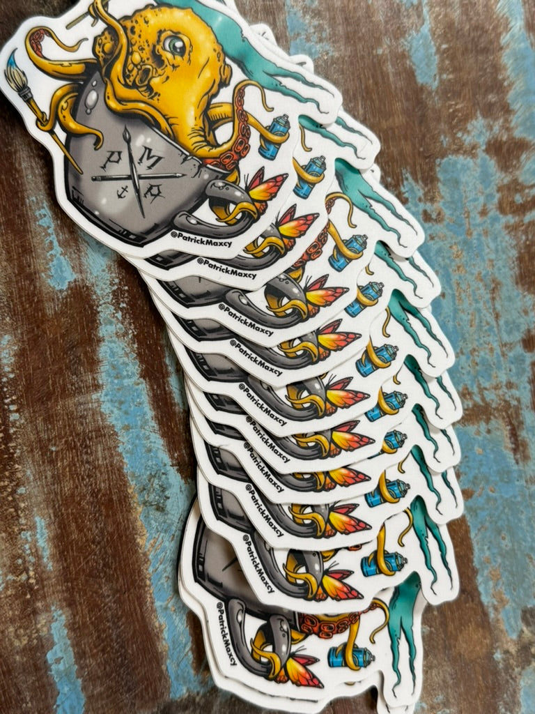 a line of vinyl stickers featuring an octopus in a coffee cup holding a flag and spray can. 