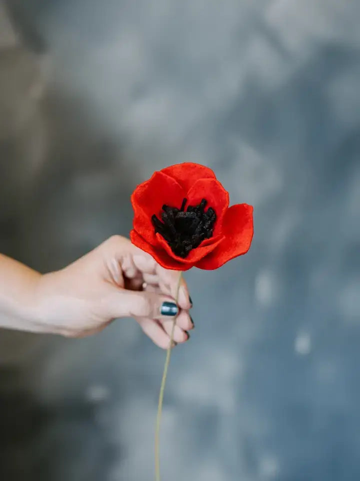 Single Red Felted Poppy Stem