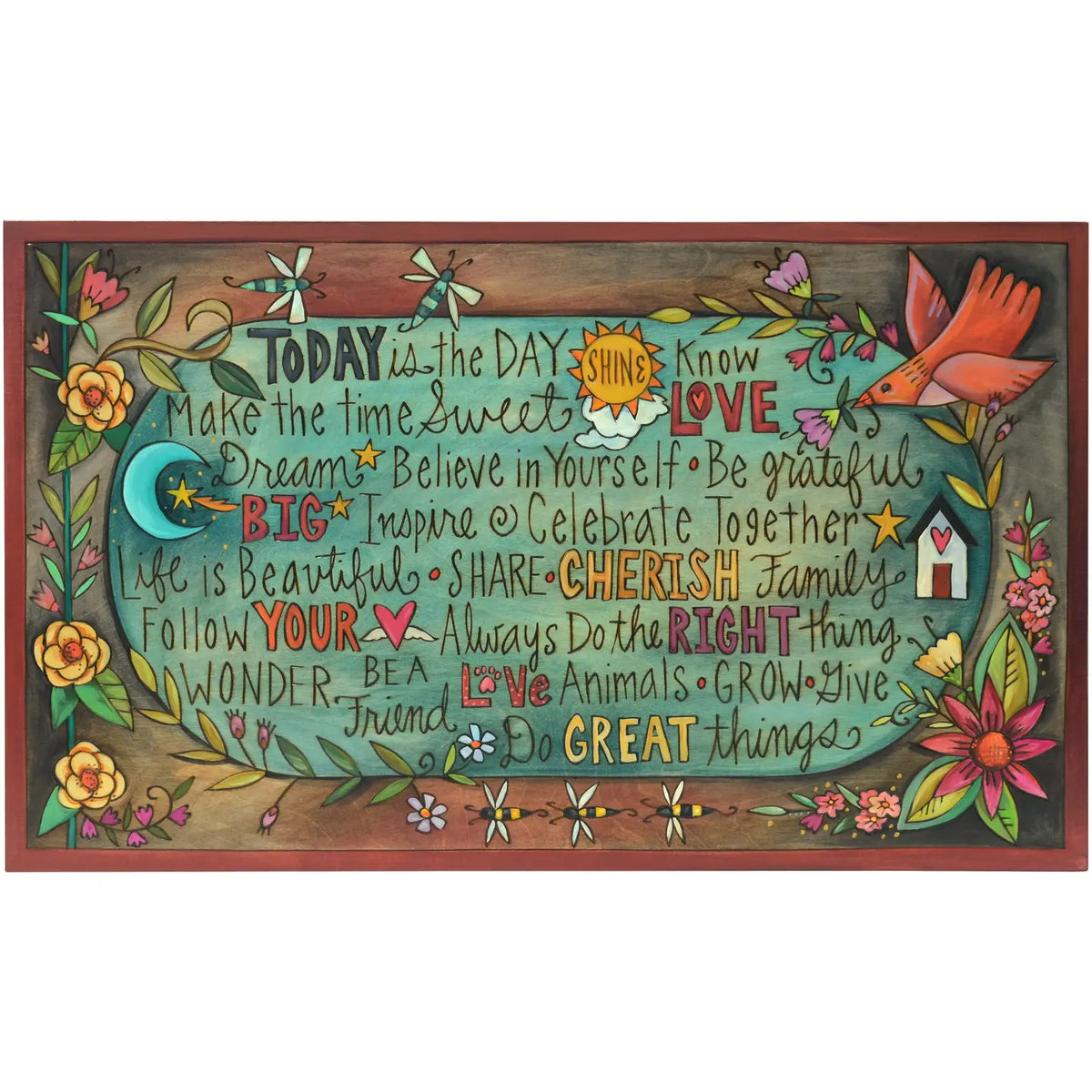 A square decorative wall plaque with a rustic wood border and a colorful inspirational quote printed across the front. The design features a teal center with hand-lettered text, surrounded by illustrated flowers, leaves, butterflies, a crescent moon, and a fox on a brown wood-grain background.