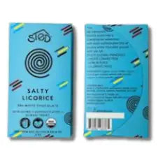 Two blue candy bars shown side by side on a white background, one front and one back, with the brand name 'SALTY LICORICE' visible on the front.