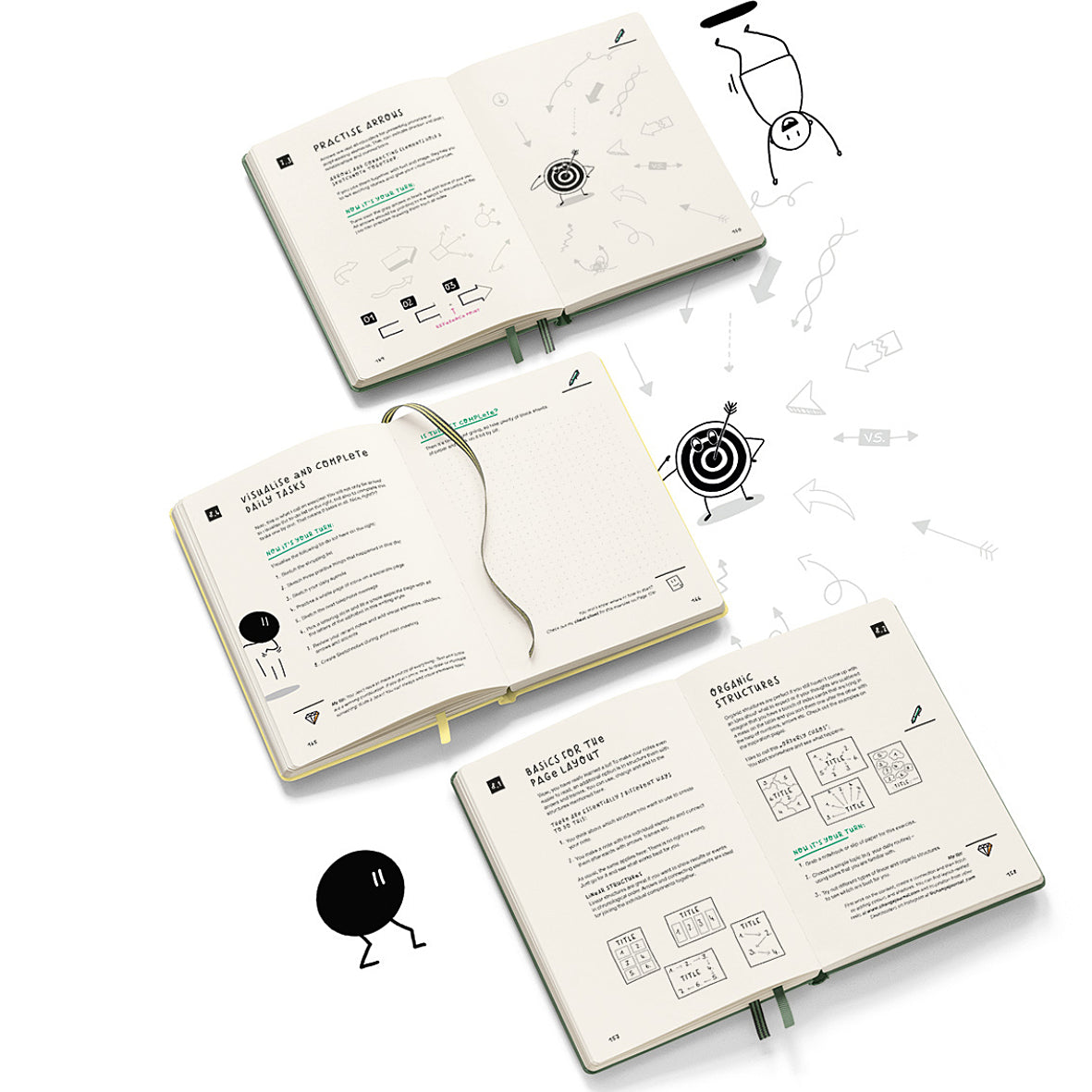 Open notebook with pages showing text and icons on a white background