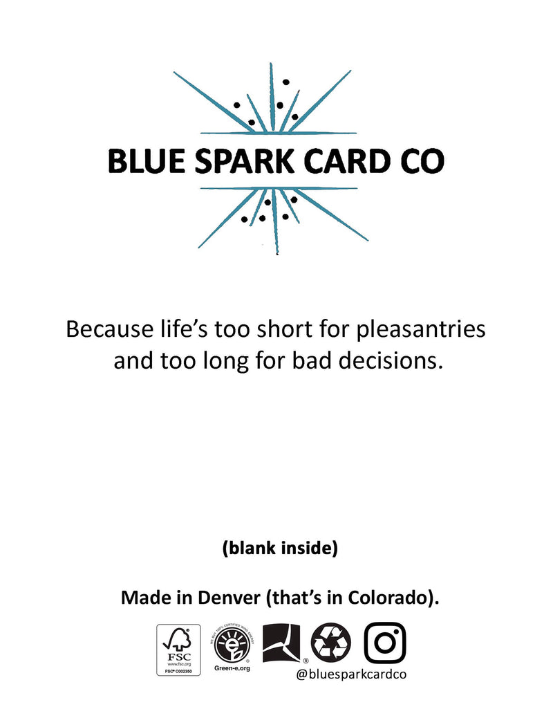 A white card with the Blue Spark Card Co logo at the top, text reading 'Because life's too short for pleasantries and too long for bad decisions.' and '(blank inside)', plus 'Made in Denver (that's in Colorado).