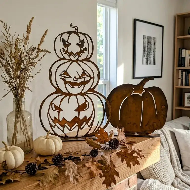 Rustic metal Halloween wall decor displayed on a wooden mantel in a cozy living room. The set includes a tall stacked jack-o'-lantern silhouette, a large pumpkin-shaped ornament, a small pumpkin, dried grass in a glass vase, pinecones, and autumn leaves.