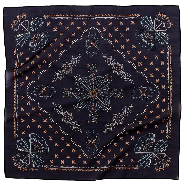 A square navy blue bandana featuring an intricate central mandala design and traditional geometric borders in white, light blue, and brown.