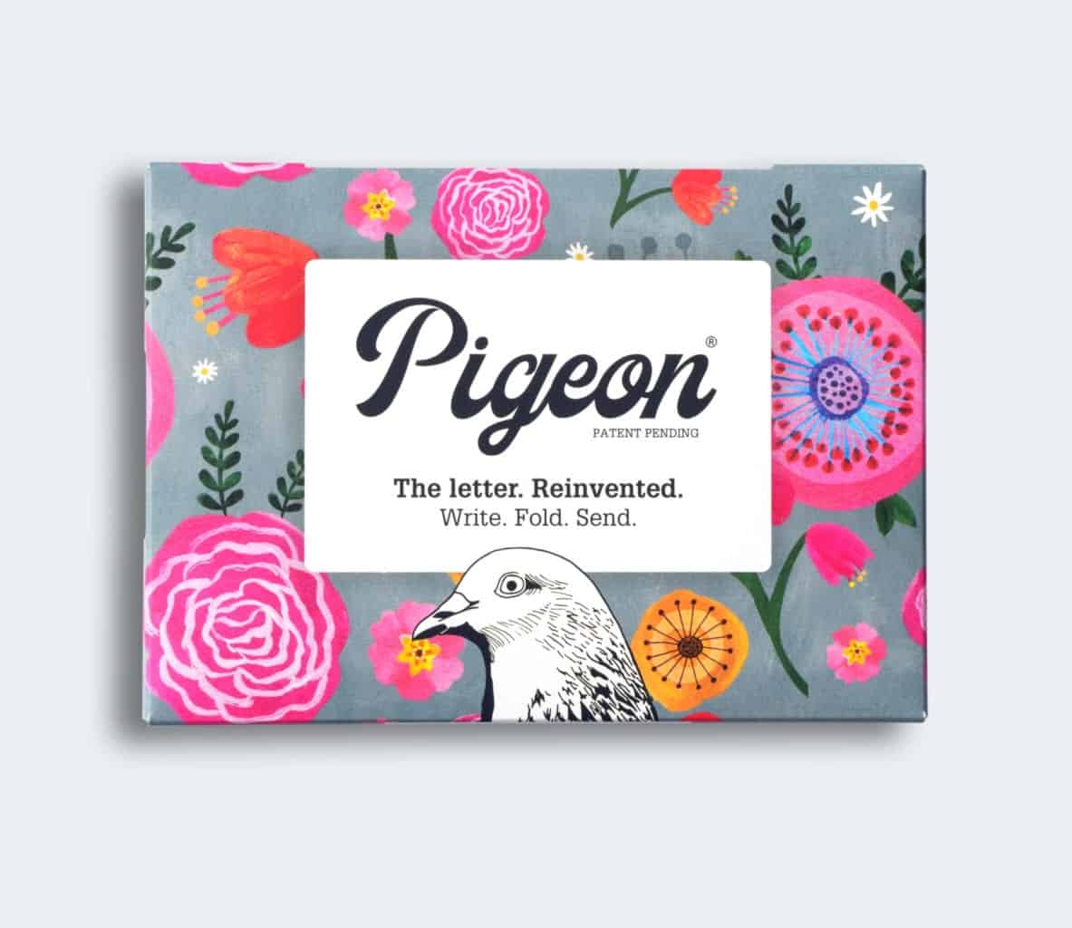 Pigeon product packaging with floral design and brand name on a light gray background