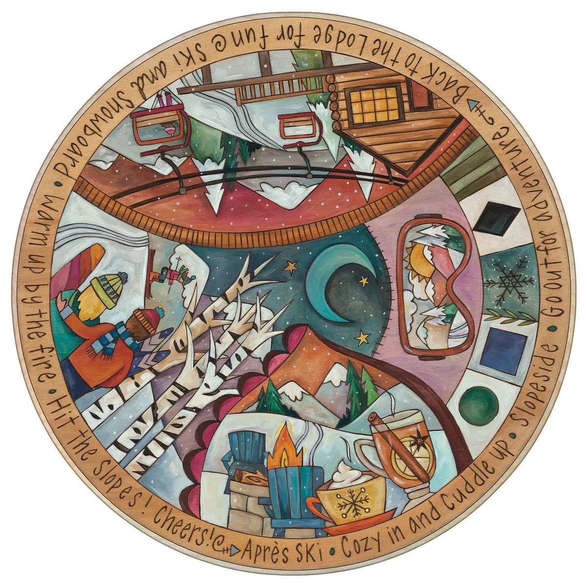 A circular illustrated lazy susan or featuring a whimsical winter mountain scene with cabins, snow, stars, a crescent moon, and handwritten-style text around the edge.