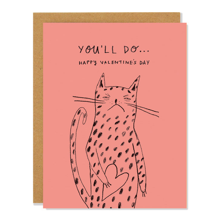 White Background Product photo of greeting card that reads "you'll do... happy valentine's day" with illustrated grumpy cat