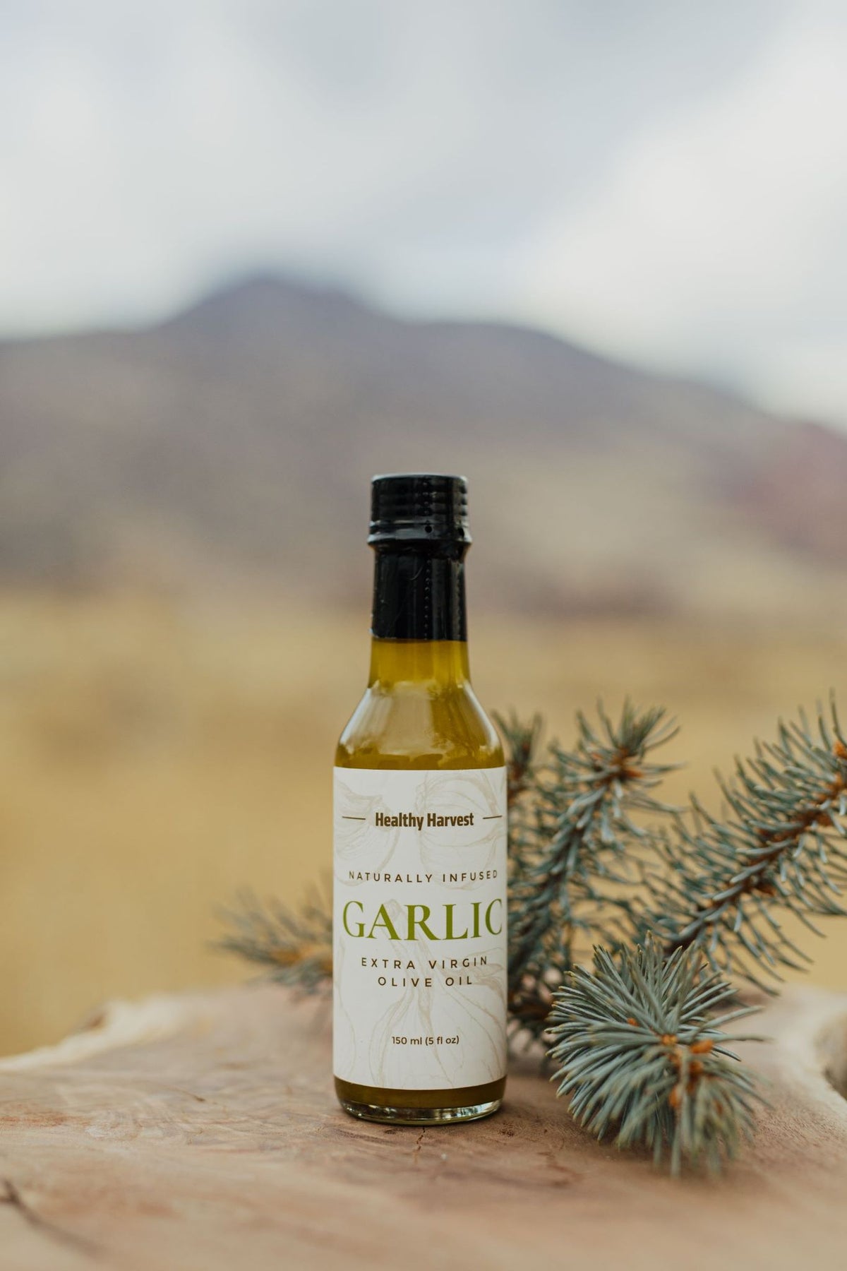 5 oz bottle of Garlic Infused Healthy Harvest Olive Oil photographed with a spring of pine and in the foreground of a mountain landscape