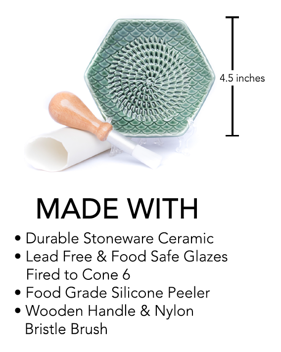 Teal the Grate Plate Ceramic Grater 3 Piece Set: Ceramic Grating Plate,  Silicone Garlic Peeler and Wooden Handle Gathering Brush 