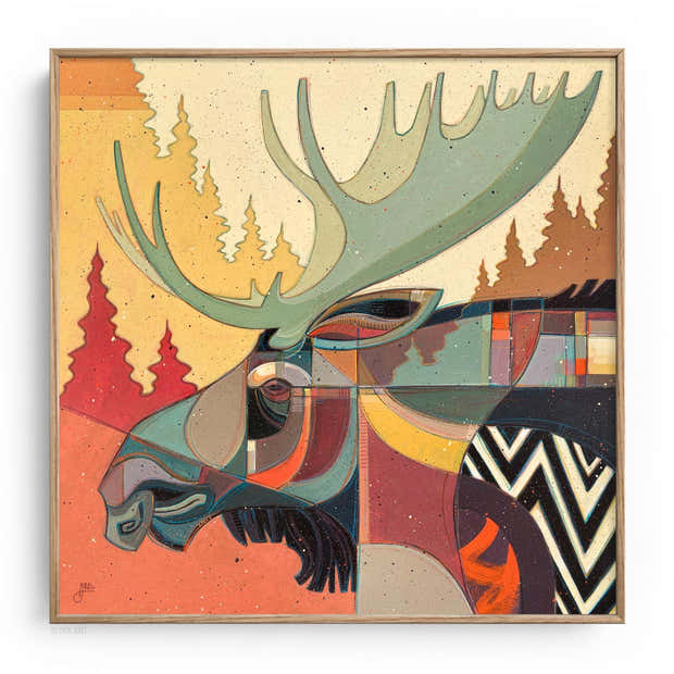 12x12 Natural Wood Framed Chroma Block Print of Erik Abel's pop art moose