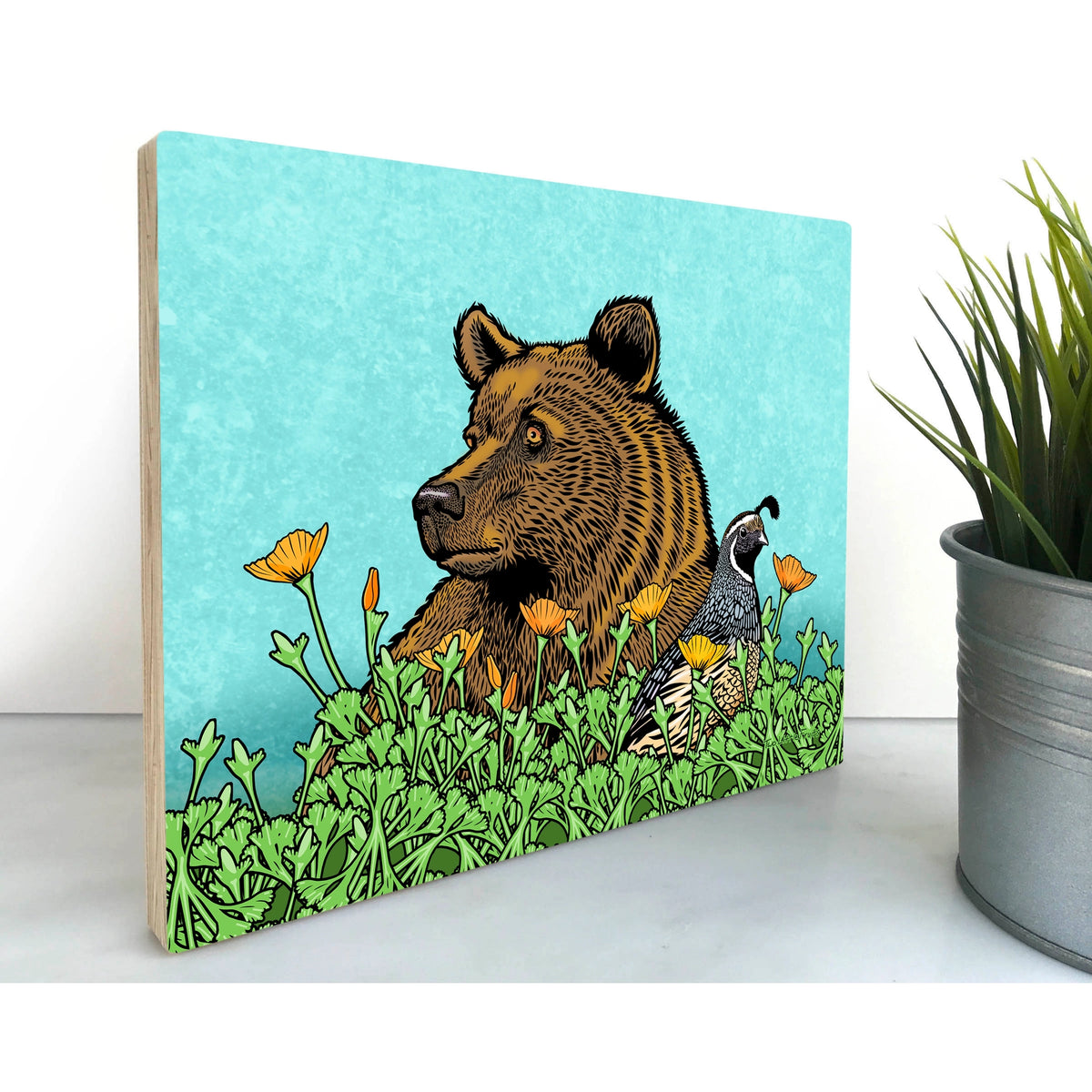 Grizzly Bear and Quail Wall Art on Wood