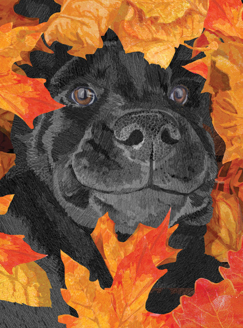 Dog in a pile of leaves thanksgiving greeting card